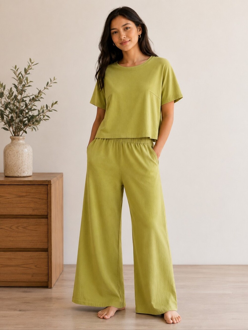 Olive Green Textured Lounge Set Small Wide Leg Pants Boxy Top Matching 2 Piece